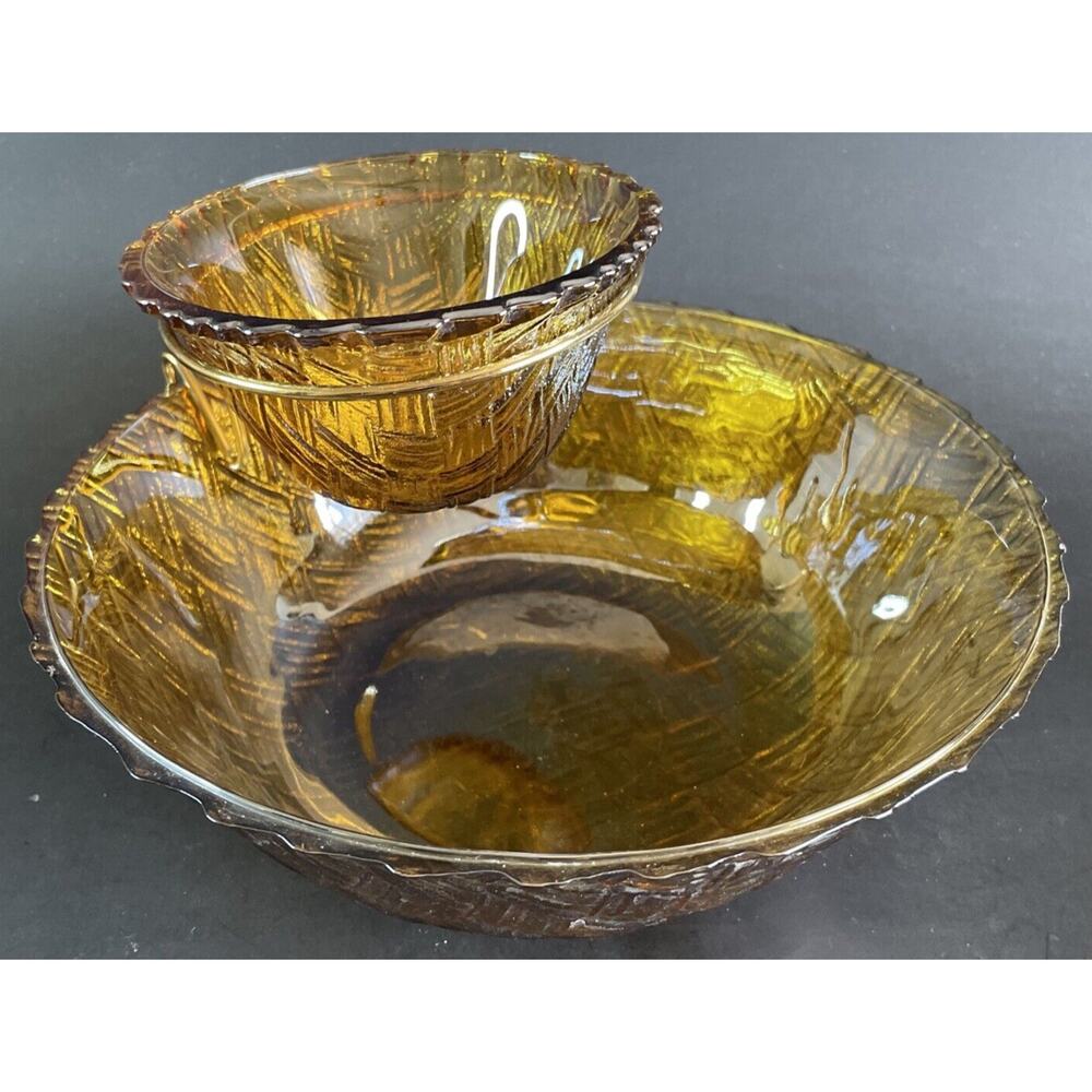 Vintage Carnival Glass Basket Weave Amber Chip and Dip Bowl Set
